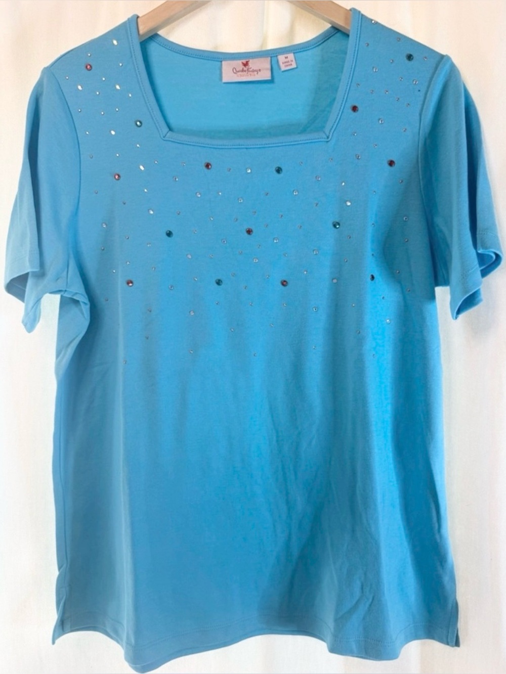 Quacker Factory Turquoise Short-Sleeve Rhinestone Square-Neck Tee